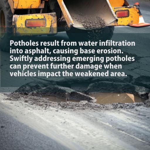 Potholes result from water infiltration into asphalt, causing base erosion. Swiftly addressing emerging potholes can prevent further damage when vehicles impact the weakened area.