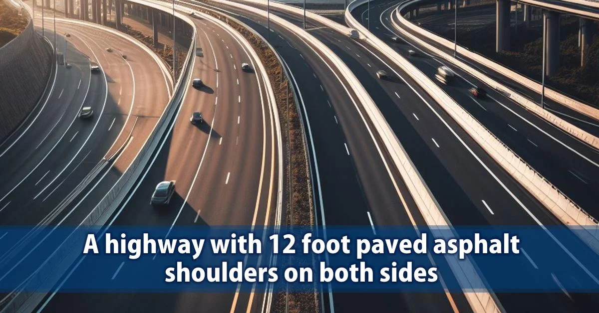 A highway with 12 foot paved asphalt shoulders on both sides