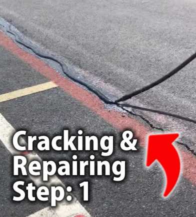pouring hot asphalt crack filler into a long crack in the pavement.