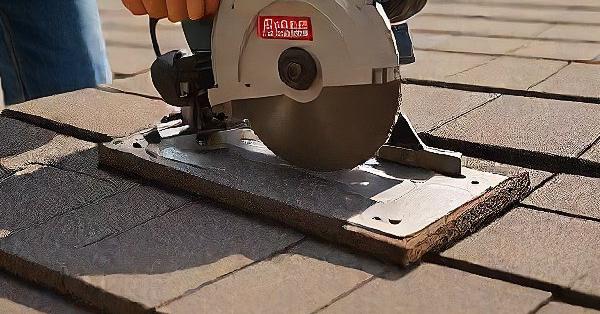 Circular Saw Cutting Shingles on the edge of the roof