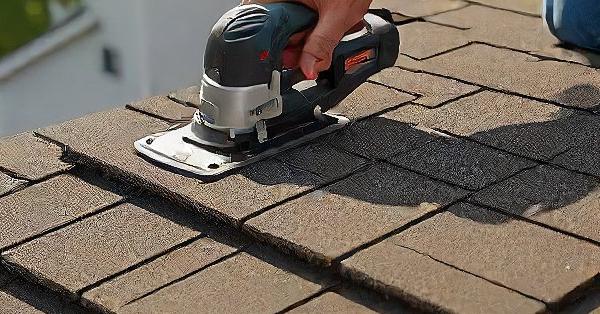 Oscillating Tool Cutting Shingles on the edge of the roof
