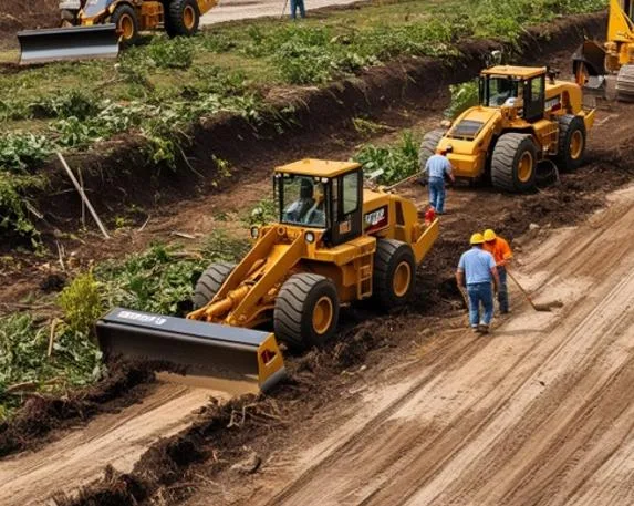 Graders and bulldozers shaping the road