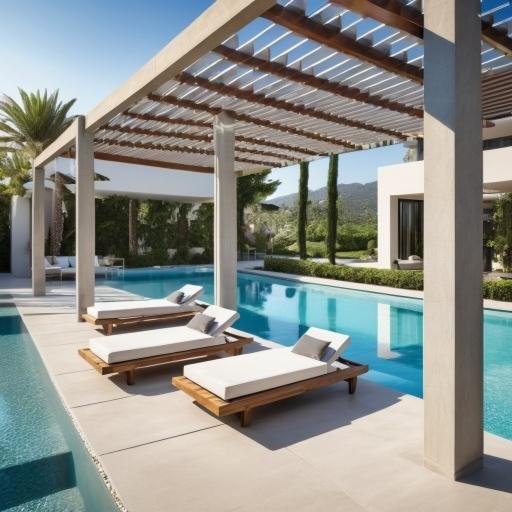 elegant concrete pergola by a swimming pool,