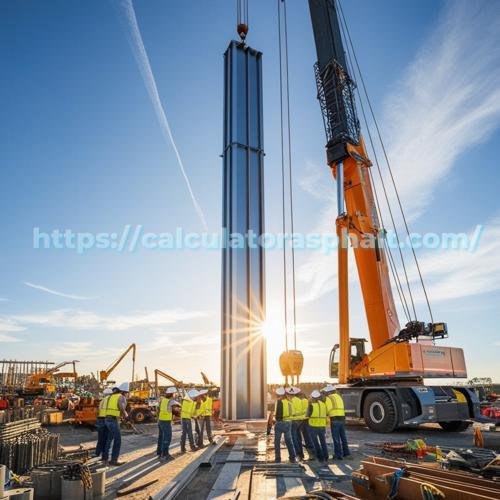 Steel column being lifted by crane