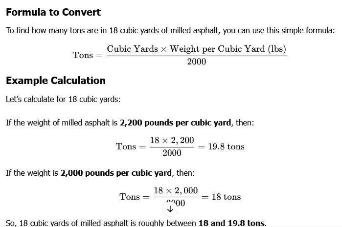 Formula Calculation of 18 Cubic Yards milled asphalt