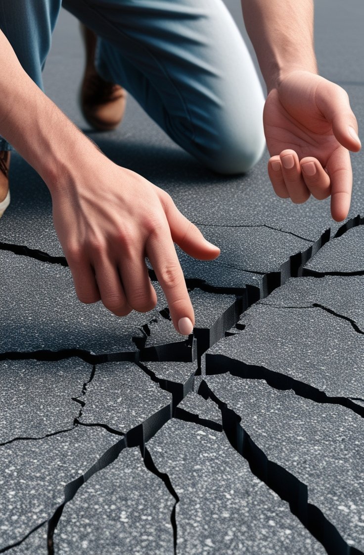 examining a cracked asphalt driveway