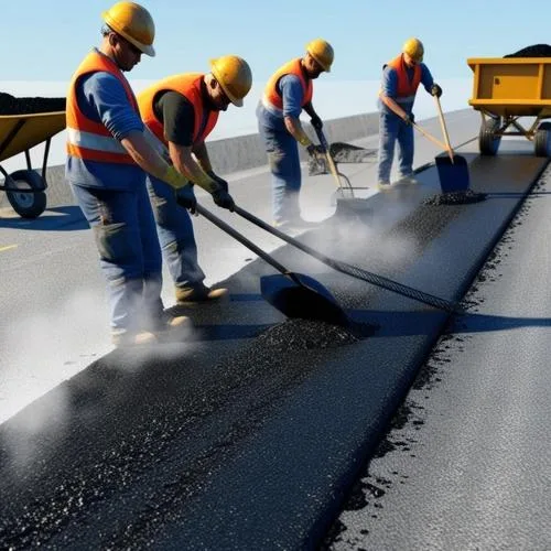 road workers manually pouring hot asphalt